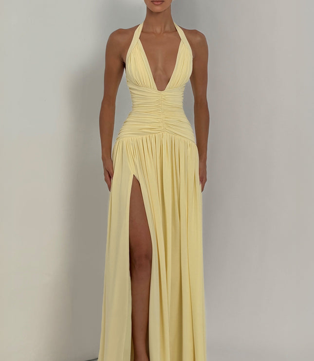 Women Bridesmaid Plunge Halter Maxi Dress