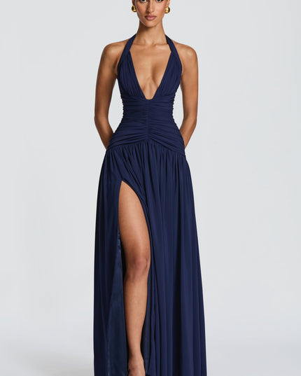 Women Bridesmaid Plunge Halter Maxi Dress