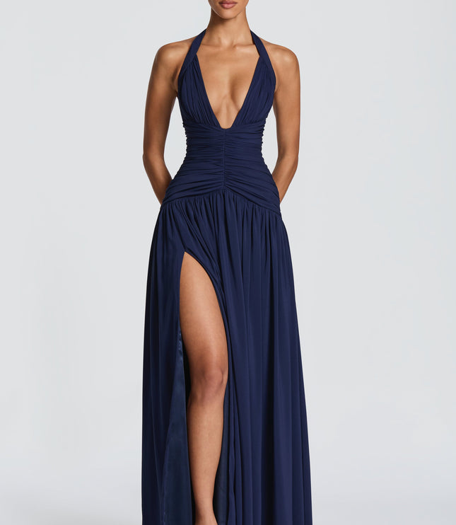 Women Bridesmaid Plunge Halter Maxi Dress