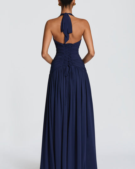 Women Bridesmaid Plunge Halter Maxi Dress