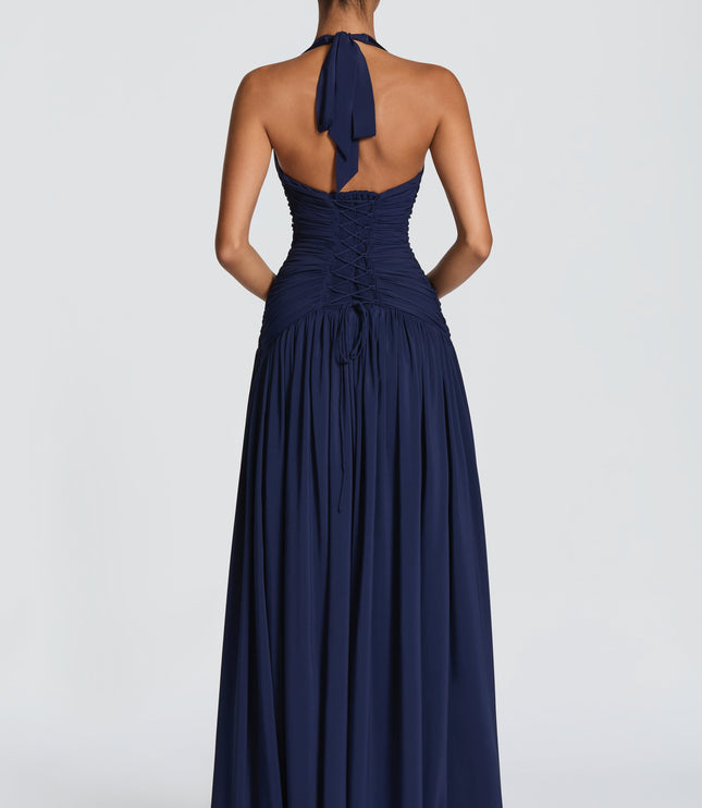 Women Bridesmaid Plunge Halter Maxi Dress