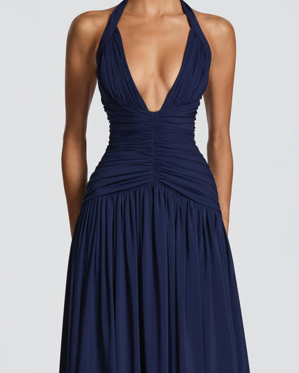 Women Bridesmaid Plunge Halter Maxi Dress