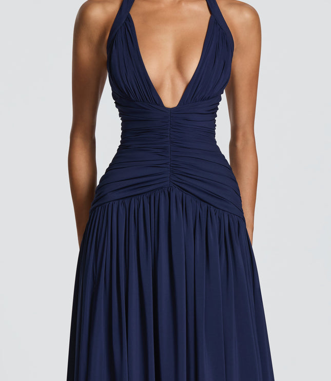 Women Bridesmaid Plunge Halter Maxi Dress