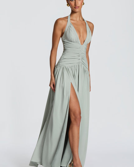 Women Bridesmaid Plunge Halter Maxi Dress