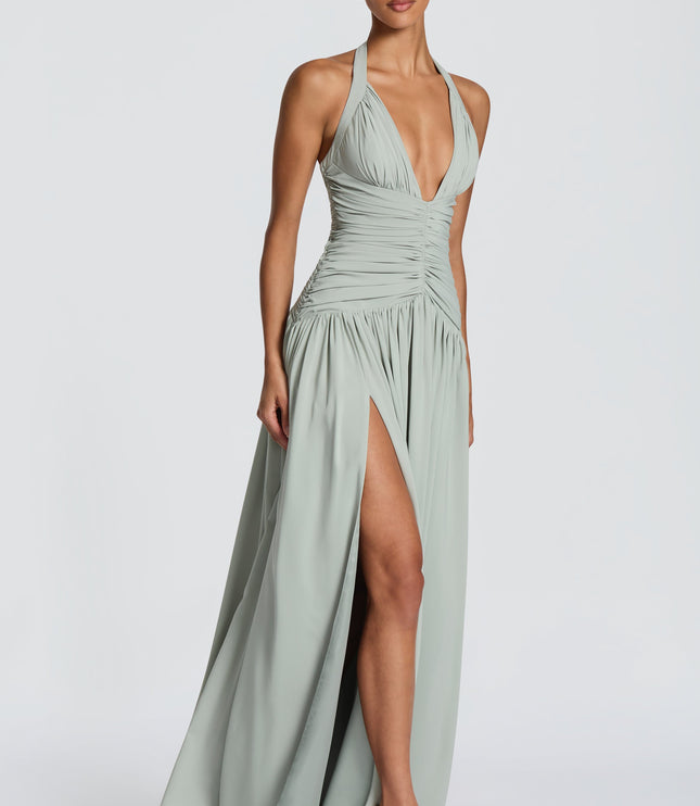 Women Bridesmaid Plunge Halter Maxi Dress