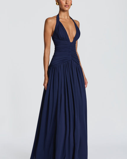 Women Bridesmaid Plunge Halter Maxi Dress