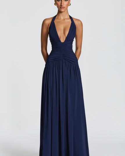 Women Bridesmaid Plunge Halter Maxi Dress