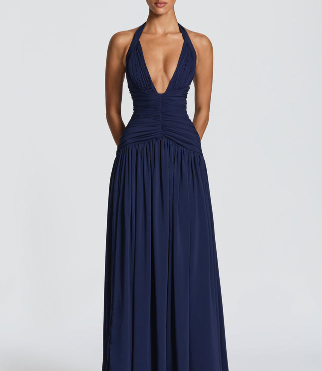 Women Bridesmaid Plunge Halter Maxi Dress