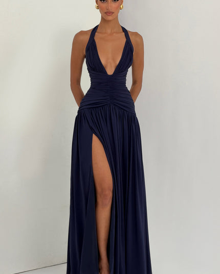 Women Bridesmaid Plunge Halter Maxi Dress