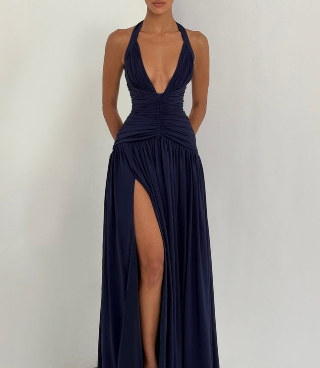Women Bridesmaid Plunge Halter Maxi Dress