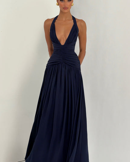 Women Bridesmaid Plunge Halter Maxi Dress