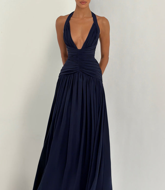 Women Bridesmaid Plunge Halter Maxi Dress