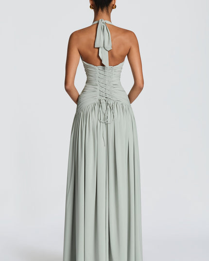 Women Bridesmaid Plunge Halter Maxi Dress