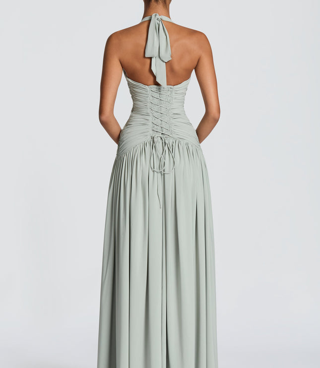 Women Bridesmaid Plunge Halter Maxi Dress