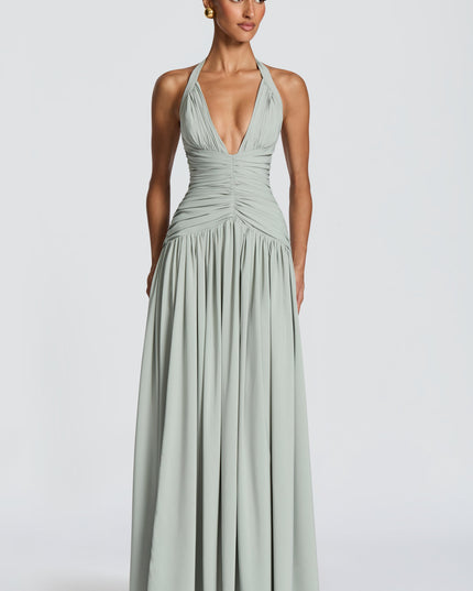 Women Bridesmaid Plunge Halter Maxi Dress