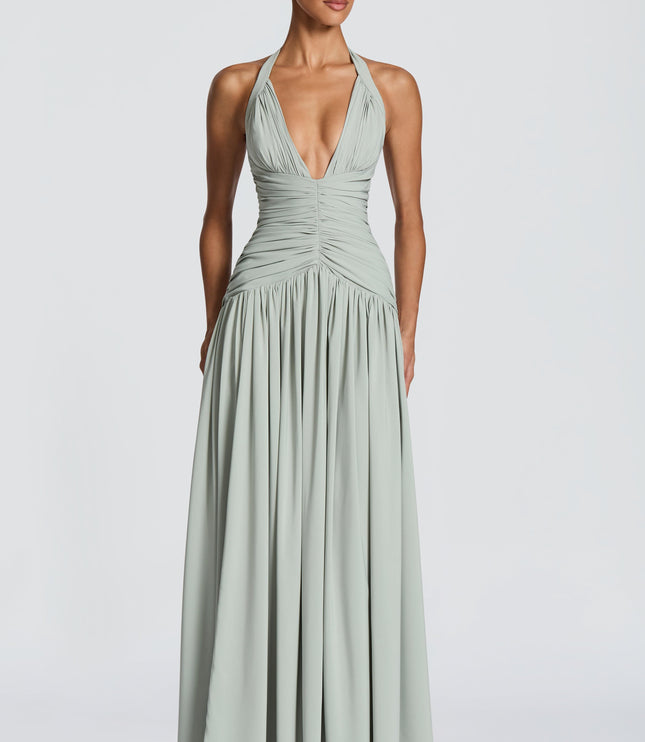 Women Bridesmaid Plunge Halter Maxi Dress