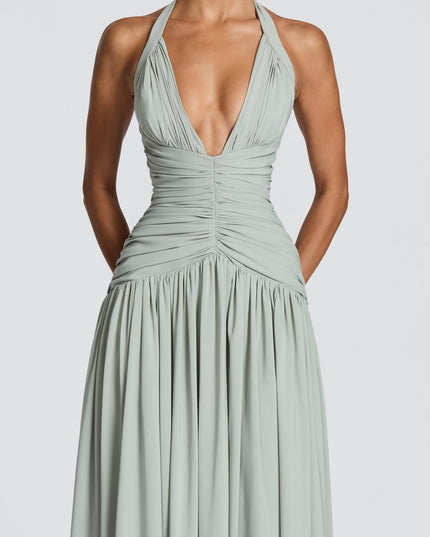 Women Bridesmaid Plunge Halter Maxi Dress