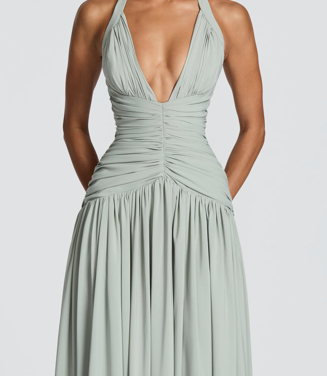 Women Bridesmaid Plunge Halter Maxi Dress