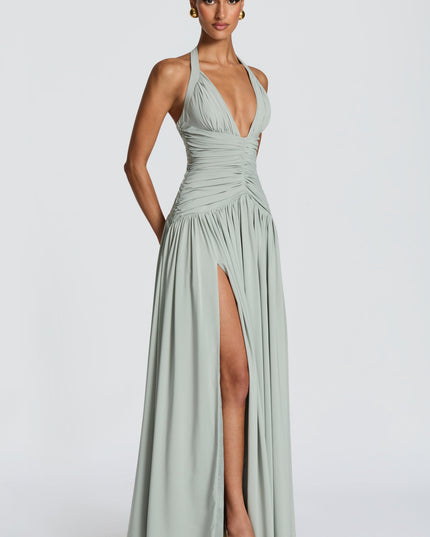 Women Bridesmaid Plunge Halter Maxi Dress