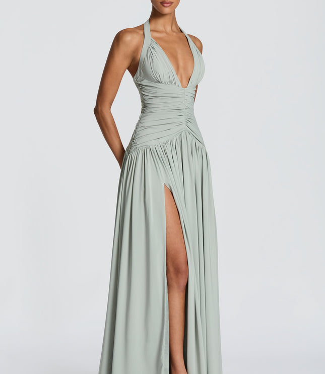 Women Bridesmaid Plunge Halter Maxi Dress