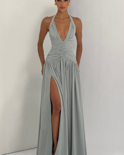 Women Bridesmaid Plunge Halter Maxi Dress