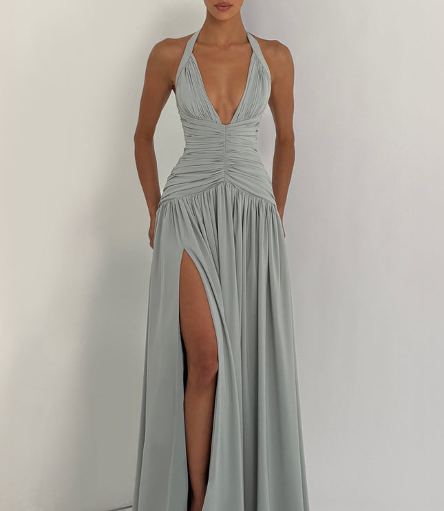 Women Bridesmaid Plunge Halter Maxi Dress
