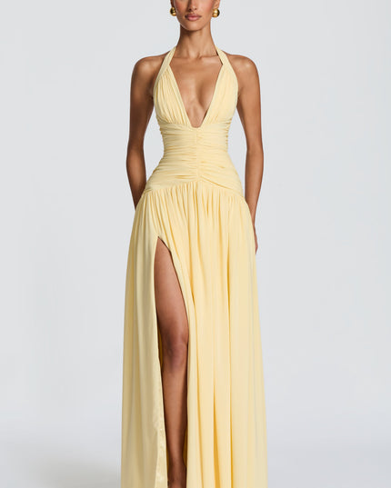 Women Bridesmaid Plunge Halter Maxi Dress