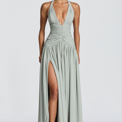 Women Bridesmaid Plunge Halter Maxi Dress