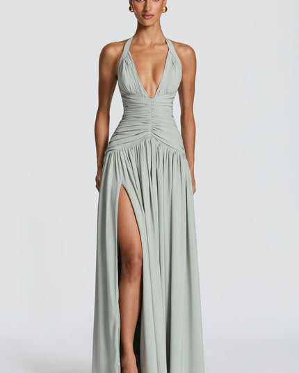 Women Bridesmaid Plunge Halter Maxi Dress