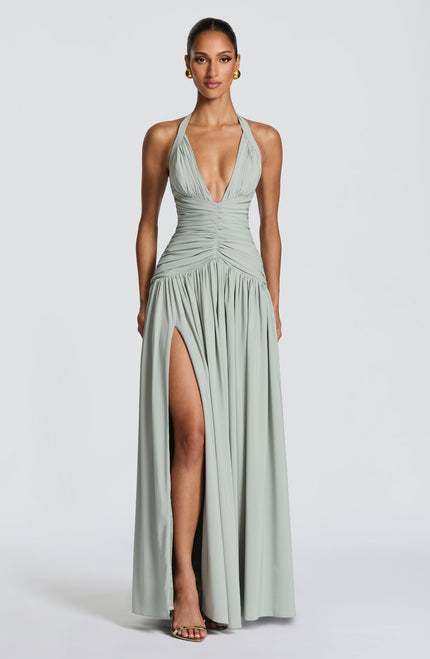 Women Bridesmaid Plunge Halter Maxi Dress