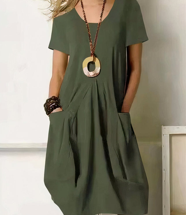 Women Casual Short Sleeve V Neck Midi Dress with Pockets