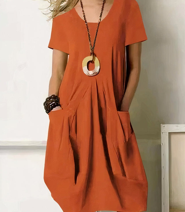 Women Casual Short Sleeve V Neck Midi Dress with Pockets