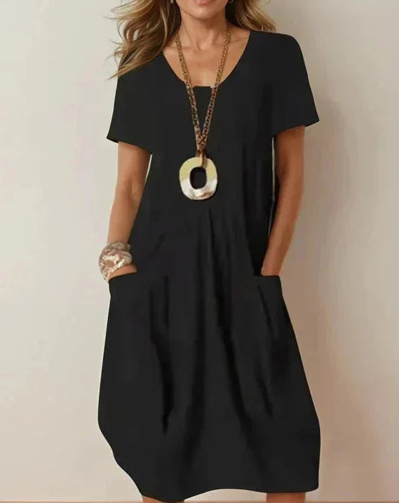 Women Casual Short Sleeve V Neck Midi Dress with Pockets