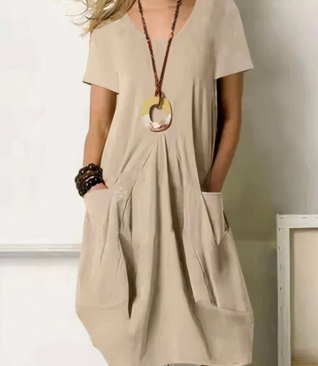 Women Casual Short Sleeve V Neck Midi Dress with Pockets