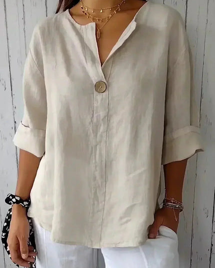 Women Casual V Neck Button Front Linen Blouse