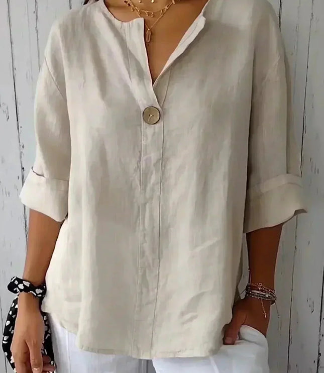 Women Casual V Neck Button Front Linen Blouse