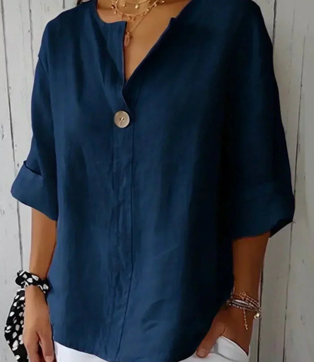Women Casual V Neck Button Front Linen Blouse