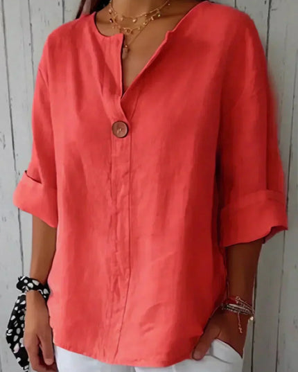 Women Casual V Neck Button Front Linen Blouse