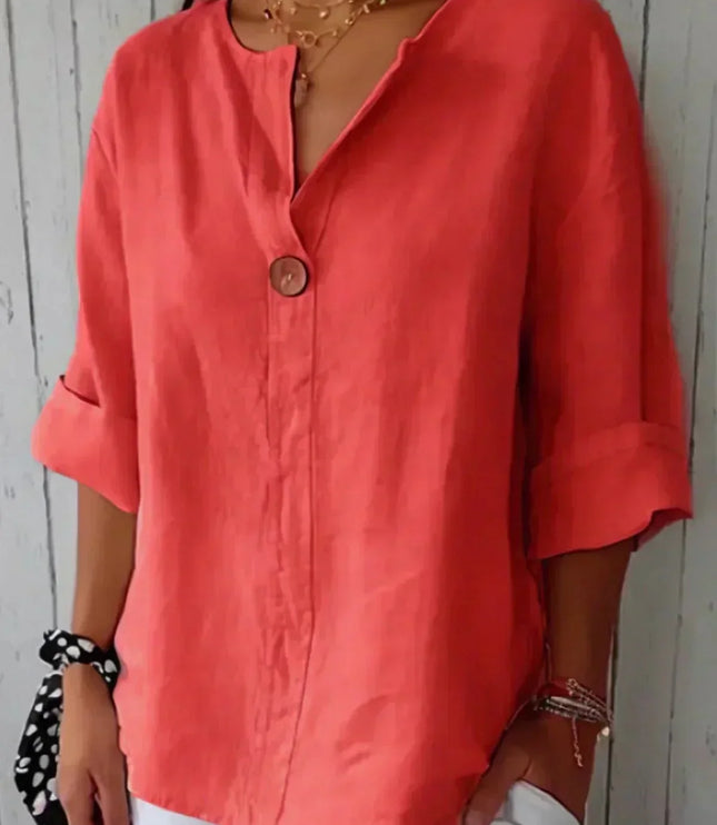 Women Casual V Neck Button Front Linen Blouse