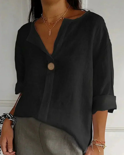 Women Casual V Neck Button Front Linen Blouse