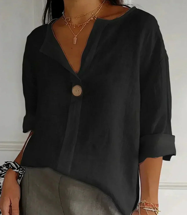 Women Casual V Neck Button Front Linen Blouse