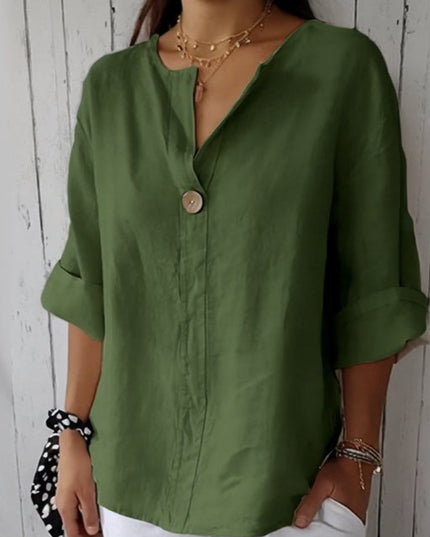 Women Casual V Neck Button Front Linen Blouse