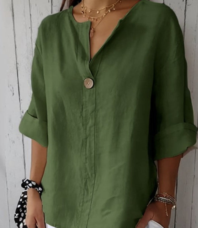 Women Casual V Neck Button Front Linen Blouse