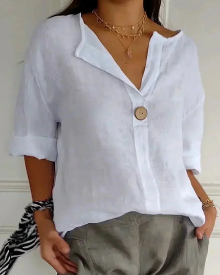Women Casual V Neck Button Front Linen Blouse