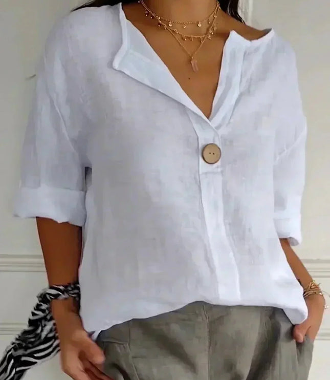 Women Casual V Neck Button Front Linen Blouse