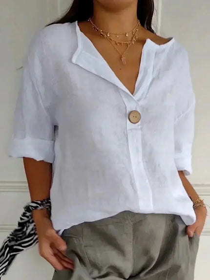 Women Casual V Neck Button Front Linen Blouse