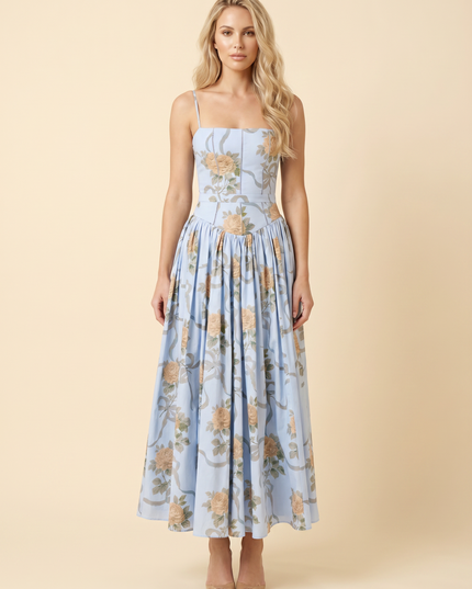 Women Floral Corset Midi Cocktail Dress