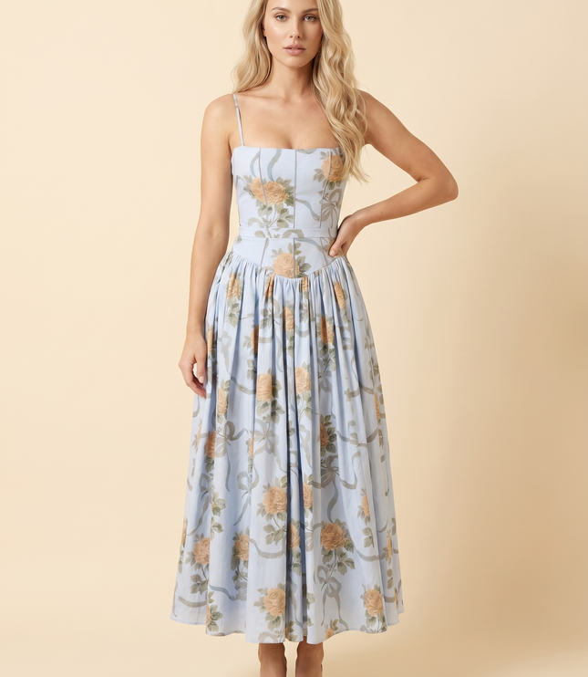 Women Floral Corset Midi Cocktail Dress