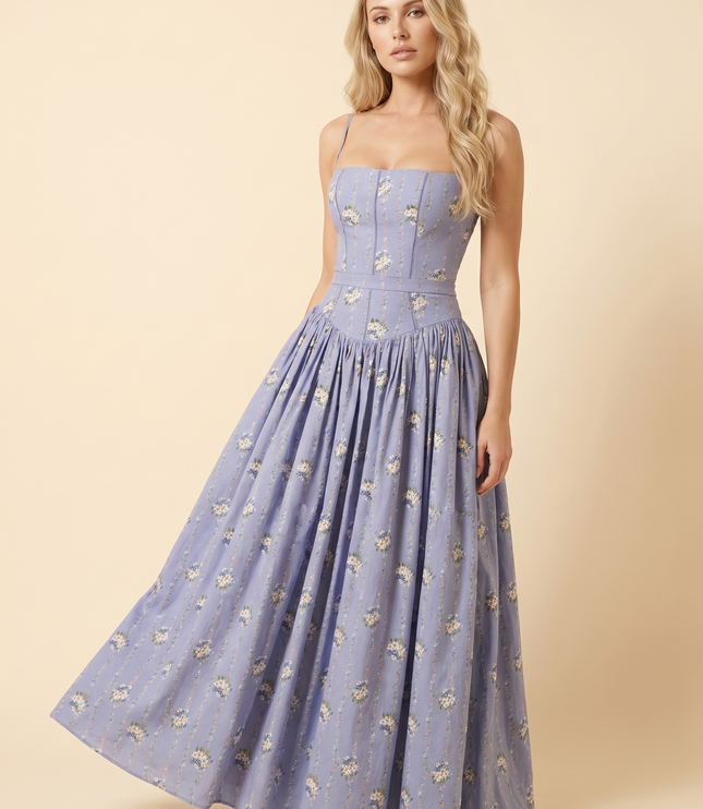 Women Floral Corset Midi Cocktail Dress