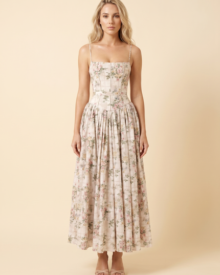 Women Floral Corset Midi Cocktail Dress